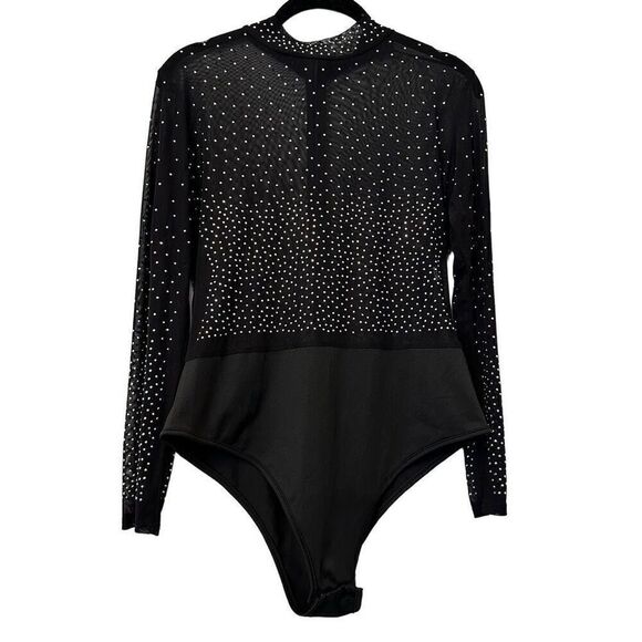 Fashion Nova Talent Rhinestone Studded Mesh Stretch Bodysuit Top Black Size XL - Picture 2 of 3